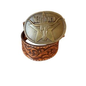 VINTAGE NOCONA TOOLED LEATHER BELT WITH 1987 SOLID BRASS MARLBORO BUCKLE